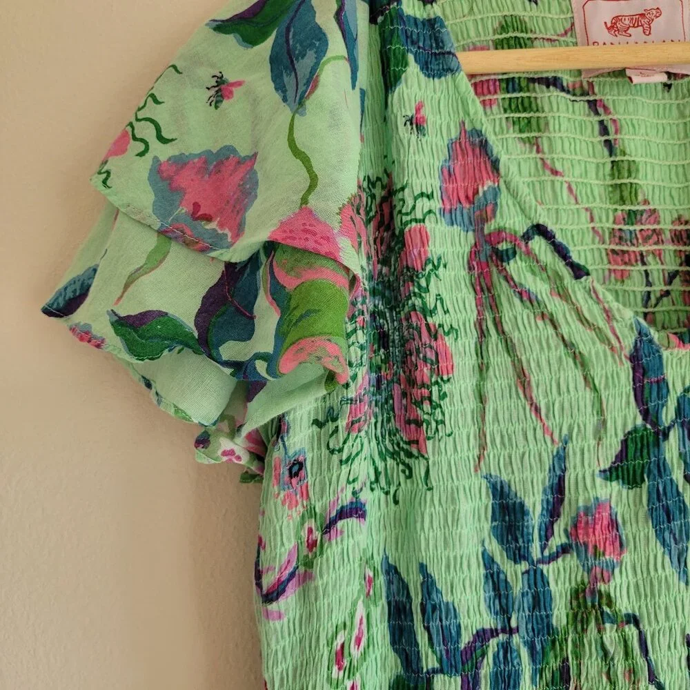 Banjanan Ira Ruffle Sleeve Maxi Dress Green Floral Peacock with Pockets Large - Picture 2 of 9